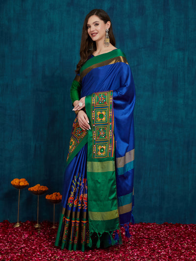 Indyancart RV Women's Cotton Silk Heavy Kutchi Work With Peacock Design Embroidered Saree  ( KVD862 )