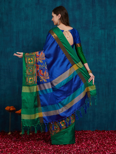 Indyancart RV Women's Cotton Silk Heavy Kutchi Work With Peacock Design Embroidered Saree  ( KVD862 )