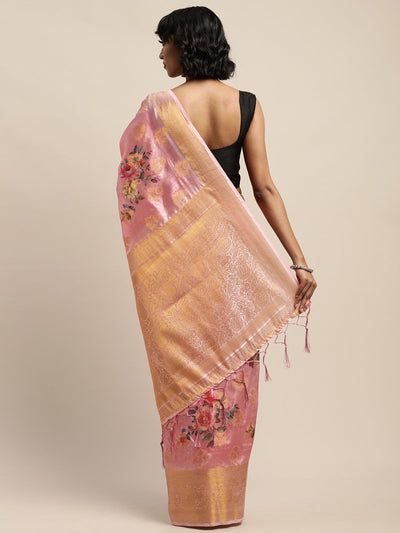 Indyancart RV Women's banarasi Silk Zari woven Digital Printed With Contrast matching Zari woven Blouse Saree ( KVD973 )
