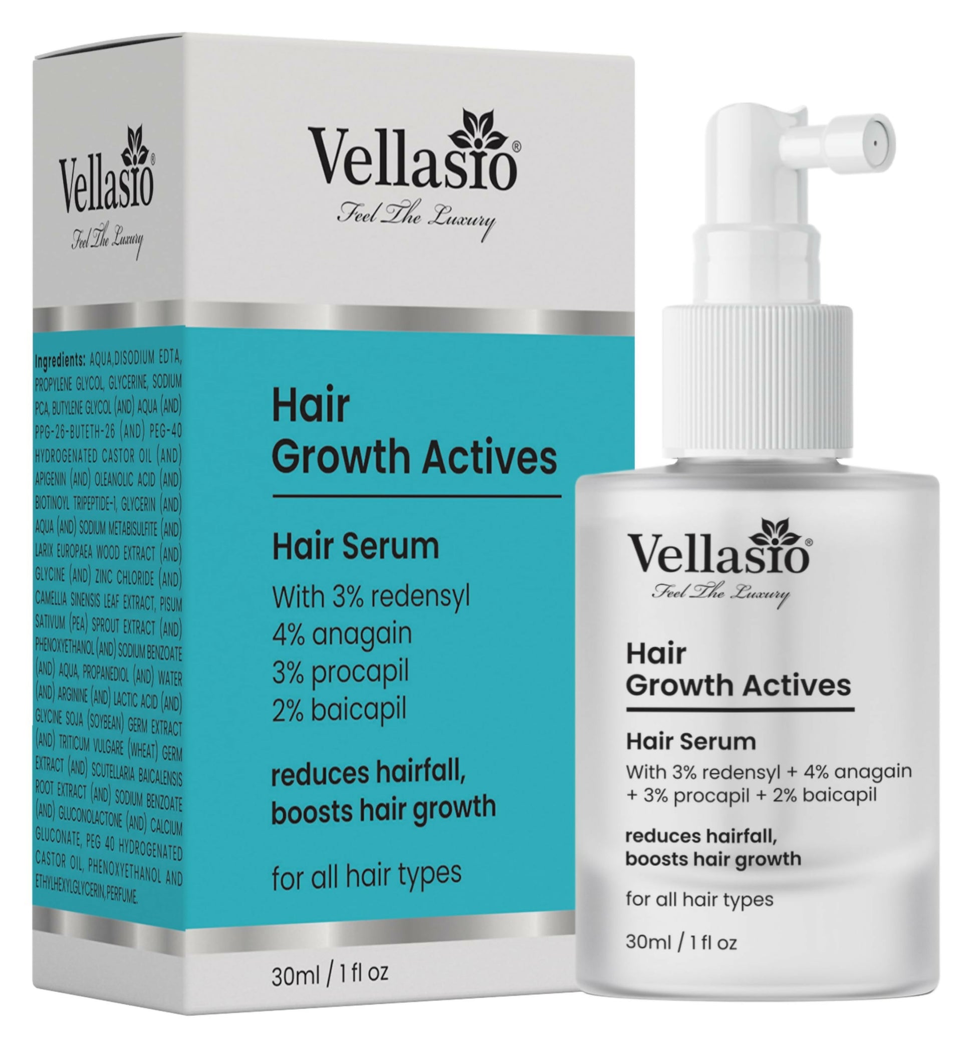 Vellasio Hair Growth Serum with Redensyl, Anagain, Procaoil, and Baicapil, showing the serum bottle and applicator.
