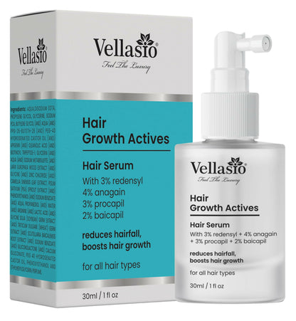 Vellasio Hair Growth Serum with Redensyl, Anagain, Procaoil, and Baicapil, showing the serum bottle and applicator.