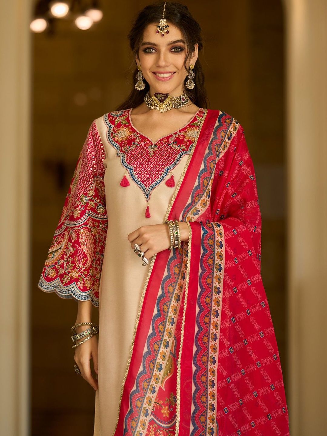 Ethnic Motifs Printed V-Neck Thread Work Kurta With Trousers & Dupatta