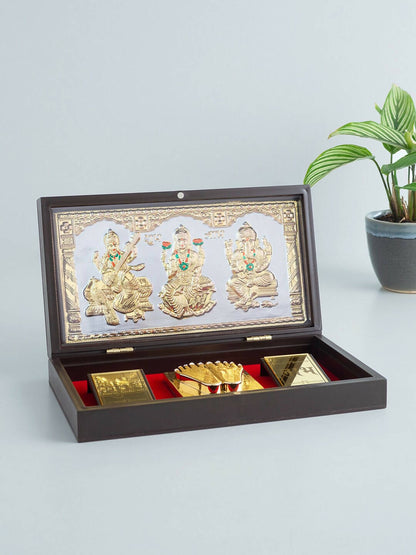 Golden Peacock 24 KT Gold Plated Laxmi, Ganesha, Saraswati Pooja Box - Indyancart