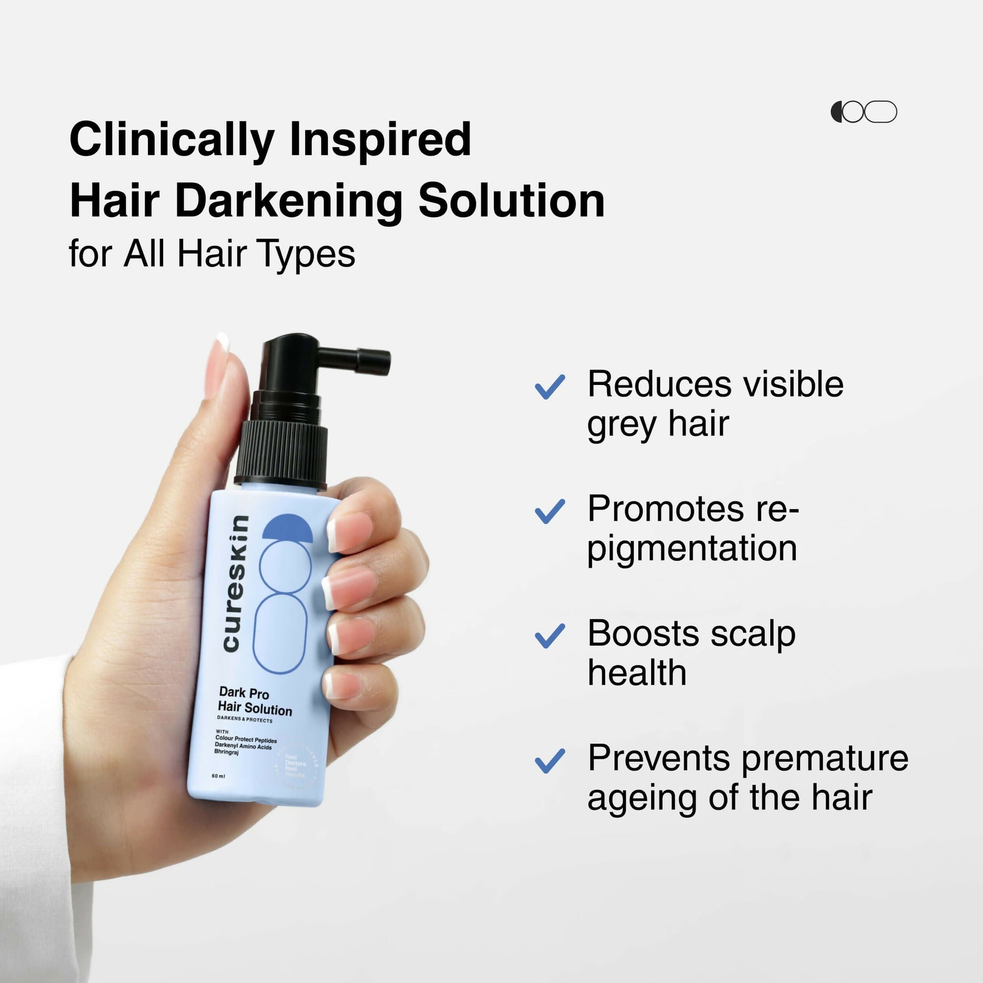 Cureskin Dark Pro Hair Solution natural darkener with color protection, showing a bottle of hair color product on a white background.