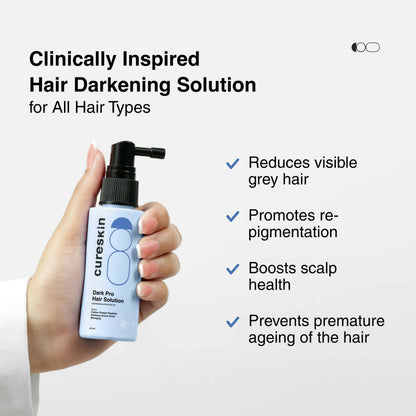 Cureskin Dark Pro Hair Solution natural darkener with color protection, showing a bottle of hair color product on a white background.