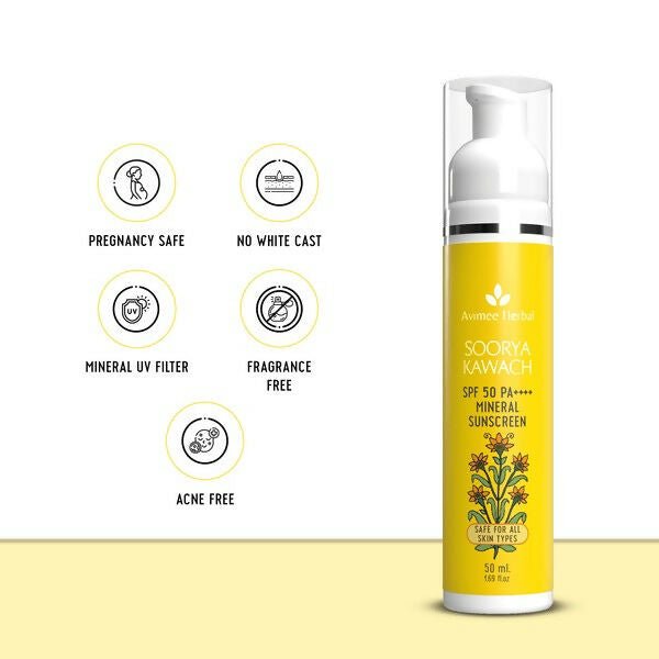 Avimee Herbal Sunscreen SPF50 PA++++ for all skin types, showing the sunscreen tube with herbal ingredients and sun protection label.