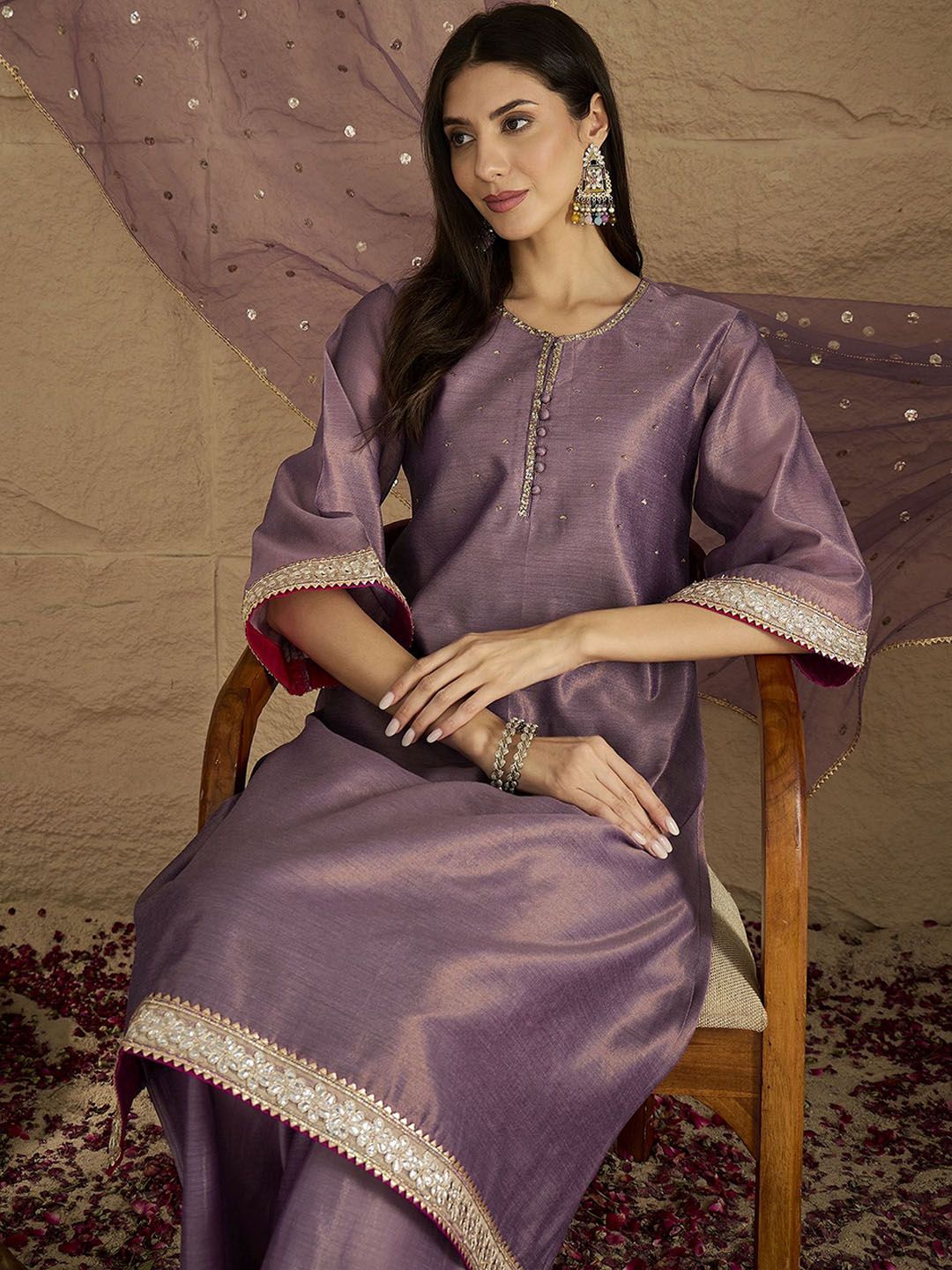 Indyancart VA Women Regular Sequinned Kurta with Palazzos & With Dupatta