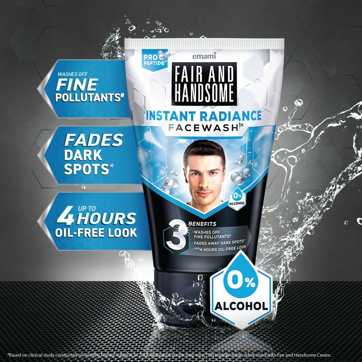 Emami Fair and Handsome Instant Radiance Face Wash with Pro-Peptide, showing the product bottle and face wash lather.