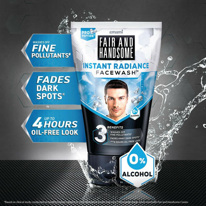 Emami Fair and Handsome Instant Radiance Face Wash with Pro-Peptide, showing the product bottle and face wash lather.