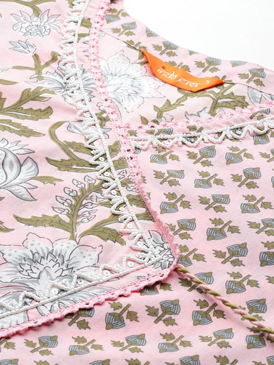 Indyancart IE Floral Printed Angrakha Beads and Stones Pure Cotton Kurta Set & With Dupatta