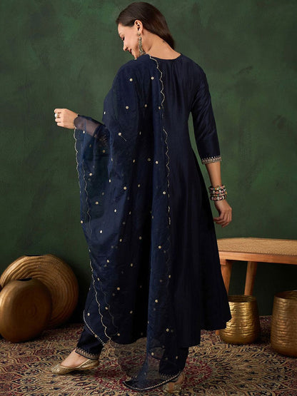 Indyancart SN Women's Navy Blue Floral Yoke Design Sequinned A-Line Kurta With Trouser & Dupatta