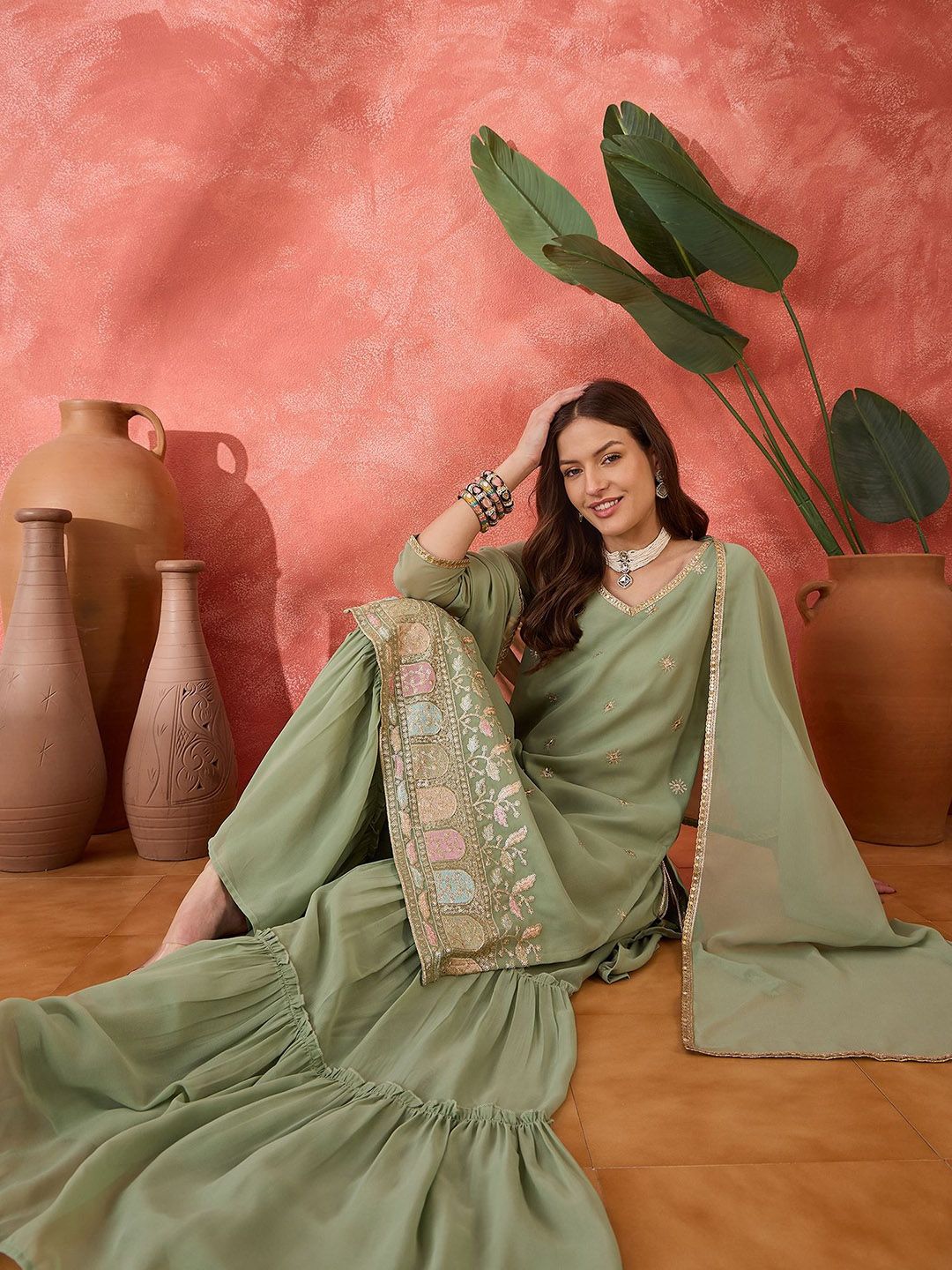 Indyancart SN Women's Ethnic Motifs Embroidered V-Neck Kurta & Sharara With Dupatta
