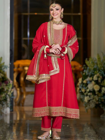 Indyancart IE Women Ethnic Motifs Embroidered A-Line Kurta with Trousers & Dupatta