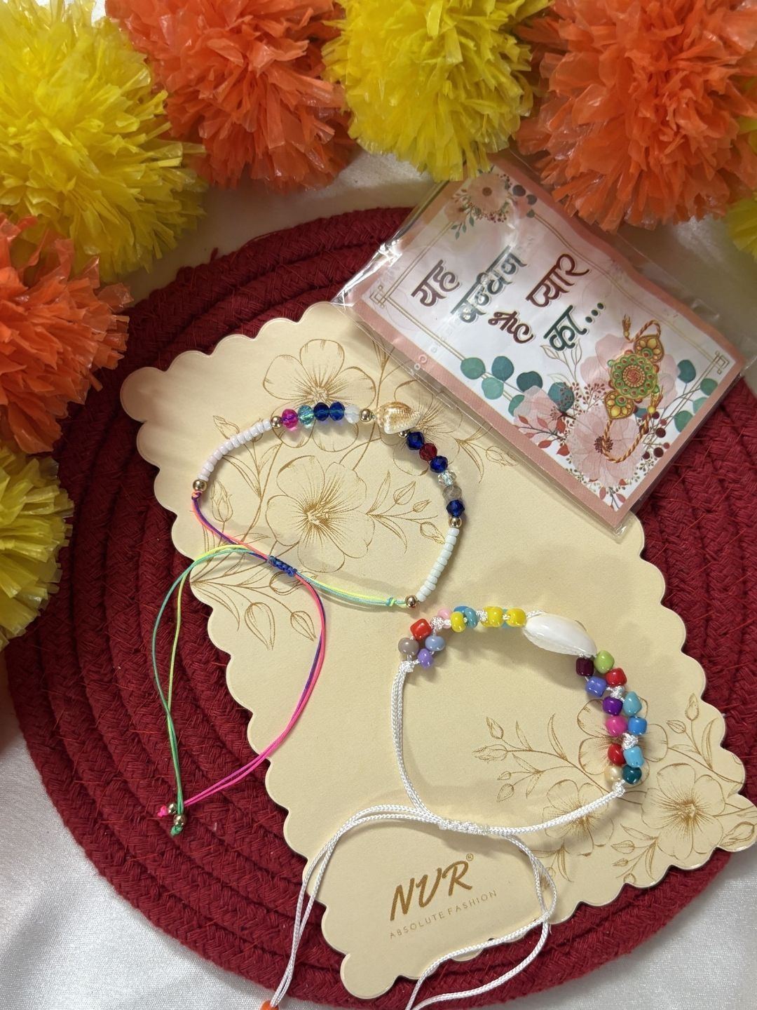 Anouk Set Of 2 Artificial Beads Thread Rakhi With Roli Chawal Chandan Mishri