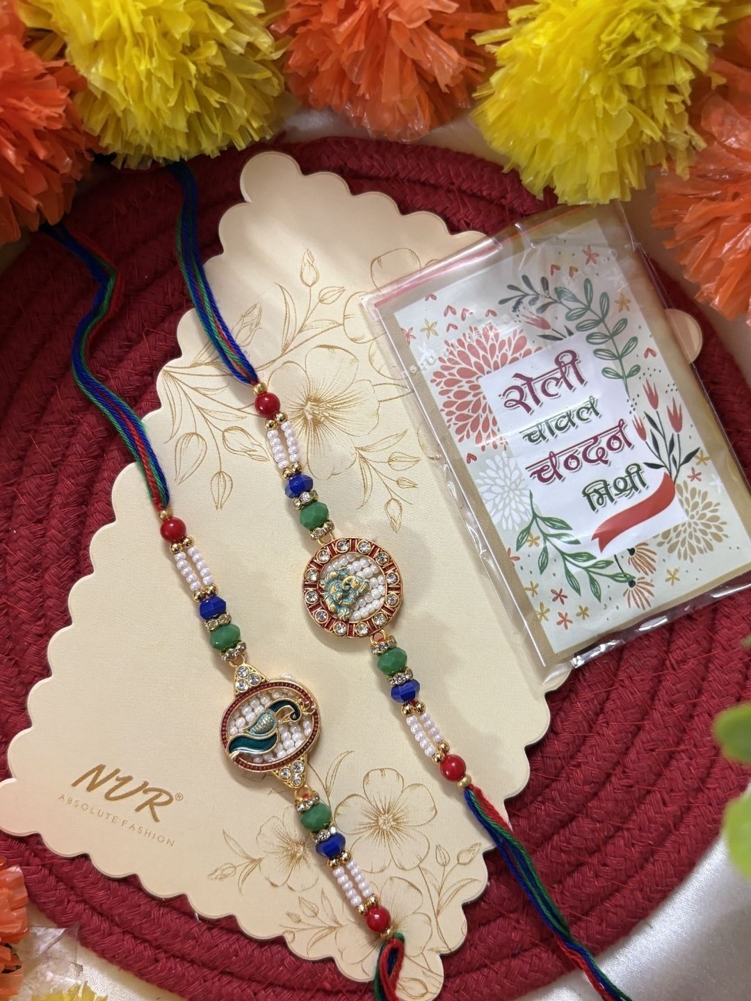 Anouk Set Of 2 Multicolor Peacock Design Rakhi With Roli Chawal Chandan Mishri