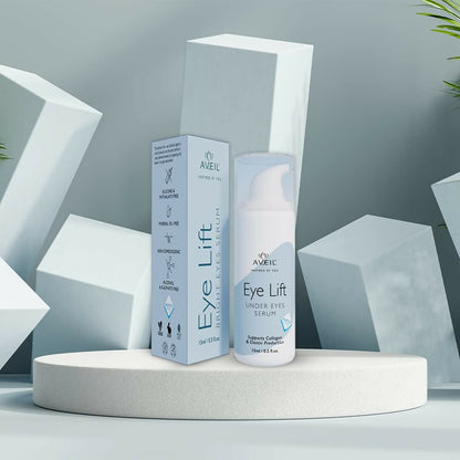 Aveil Eye Lift Under Eyes Serum showing a sleek bottle with applicator, designed to smooth fine lines and reduce wrinkles around the eyes.