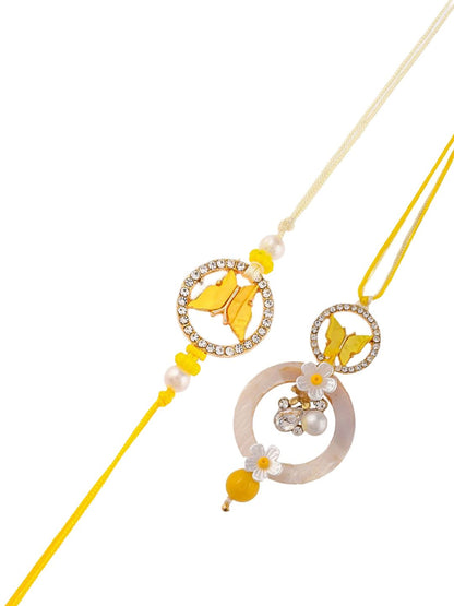 Anouk Yellow Beaded Bhaiya Bhabhi Rakhi With Roli Chawal & Greeting Card
