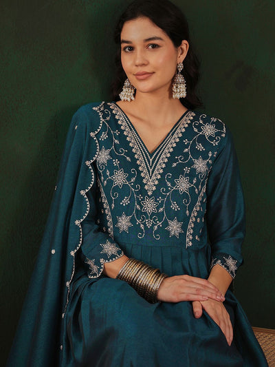 Indyancart SN Women's Teal Floral Embroidered V-Neck Tread Work Anarkali Kurta & Trouser With Dupatta