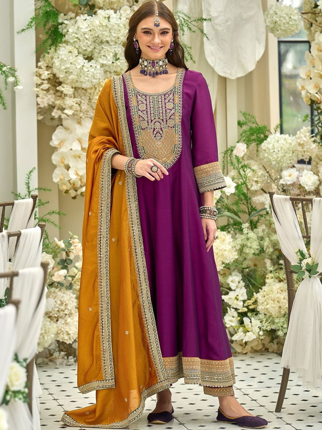 Women Ethnic Motifs Embroidered Anarkali Kurta with Trousers & Dupatta