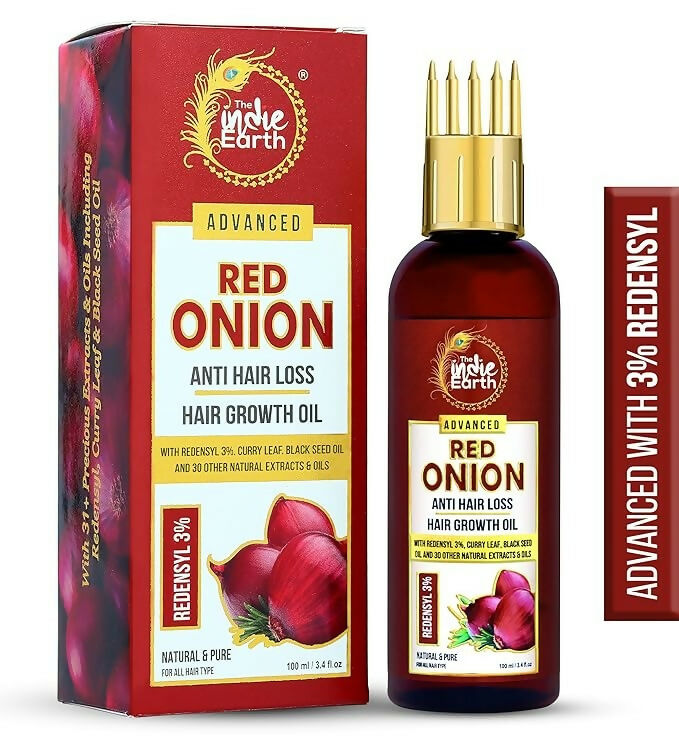 The Indie Earth Advanced 3% Redensyl Red Onion Hair Growth Oil bottle with dropper for anti-hair loss and hair strengthening.