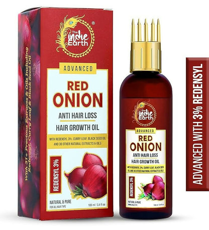 The Indie Earth Advanced 3% Redensyl Red Onion Hair Growth Oil bottle with dropper for anti-hair loss and hair strengthening.