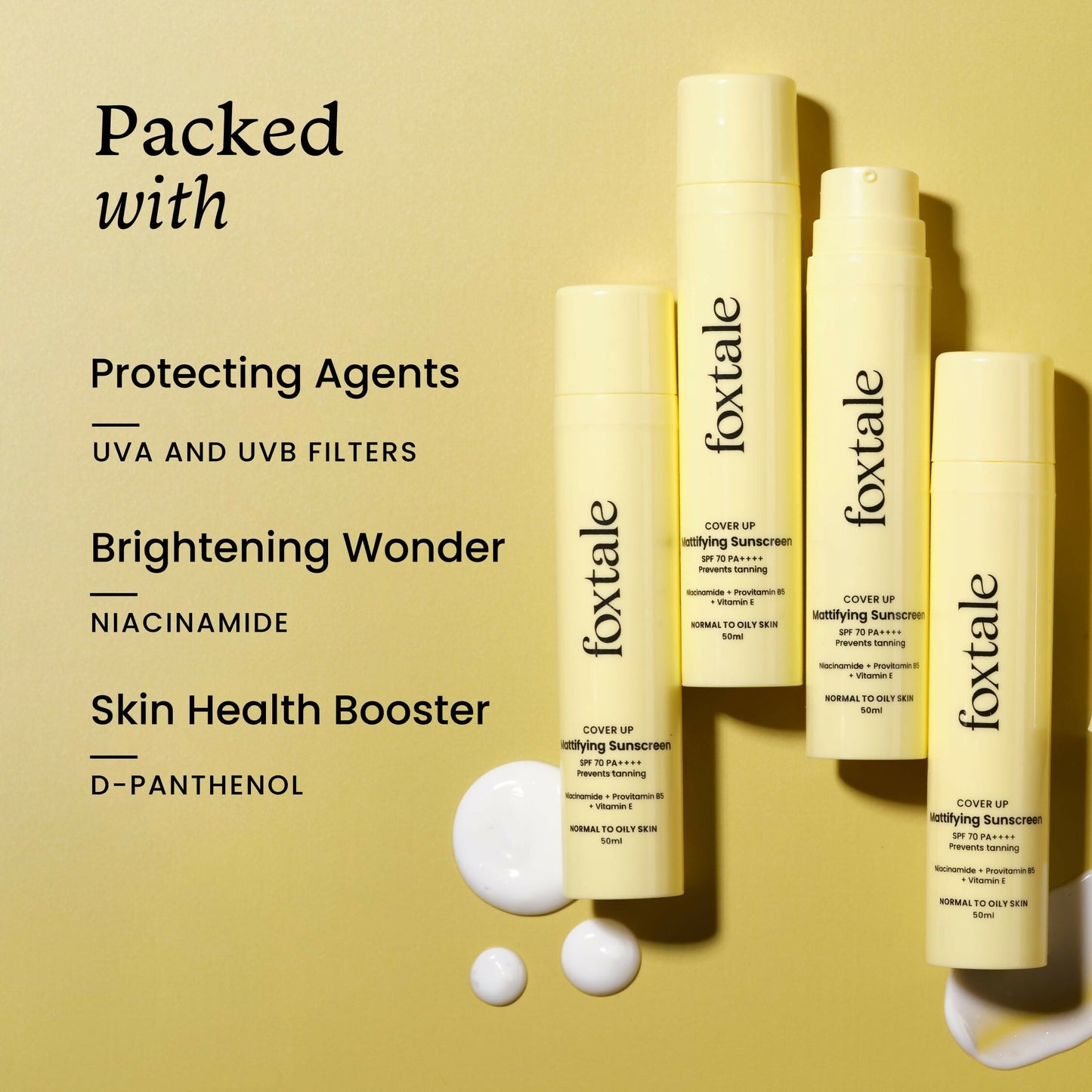 Foxtale Niacinamide mattifying sunscreen SPF 70+ PA++++ with UVA/UVB protection, preventing tanning and controlling oil on the skin