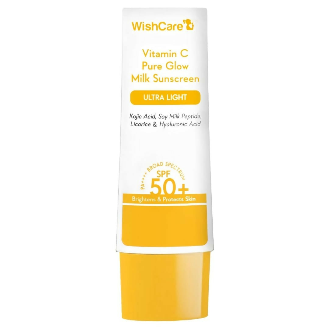 Wishcare Vitamin C Pure Glow Milk Sunscreen SPF 50 bottle with pump dispenser, designed for sun protection and skin brightening.