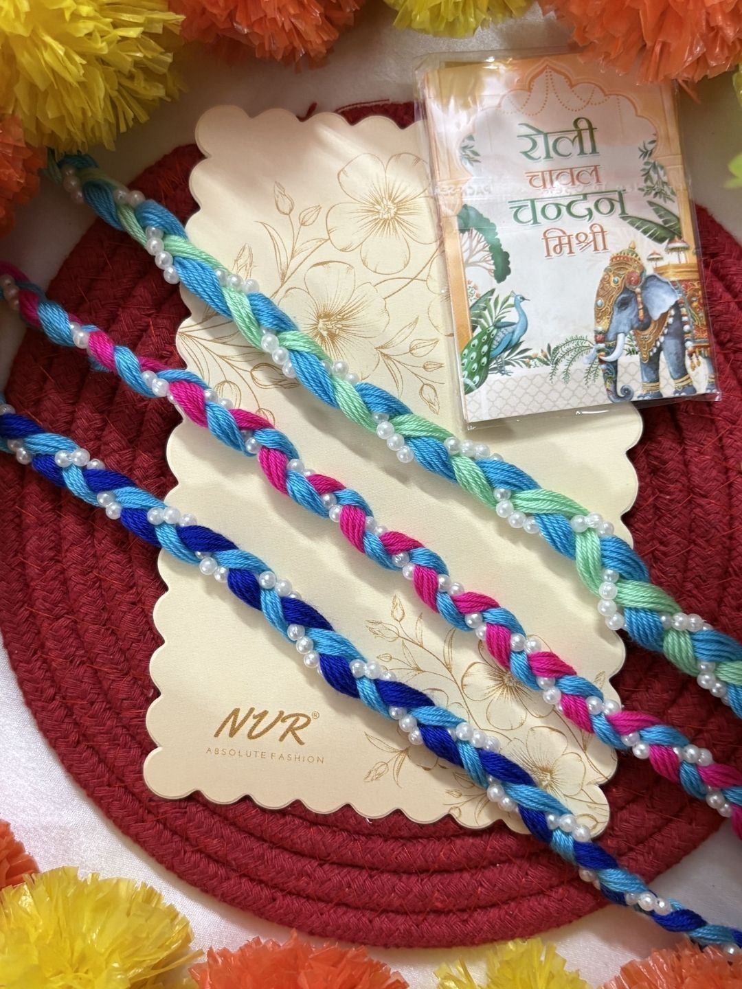 Anouk Set Of 3 Multicolor Thread Rakhi With Roli Chawal Chandan Mishri
