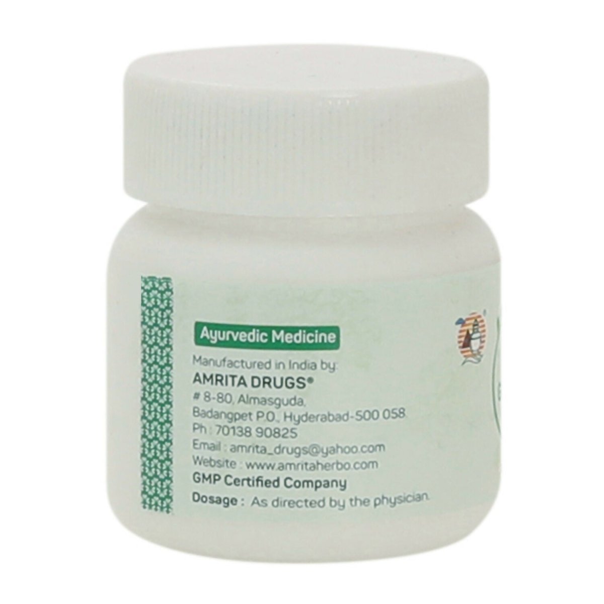 Amrita Navak Guggul Ayurvedic tablets in a glass bottle with tablets inside, displayed on a white background.