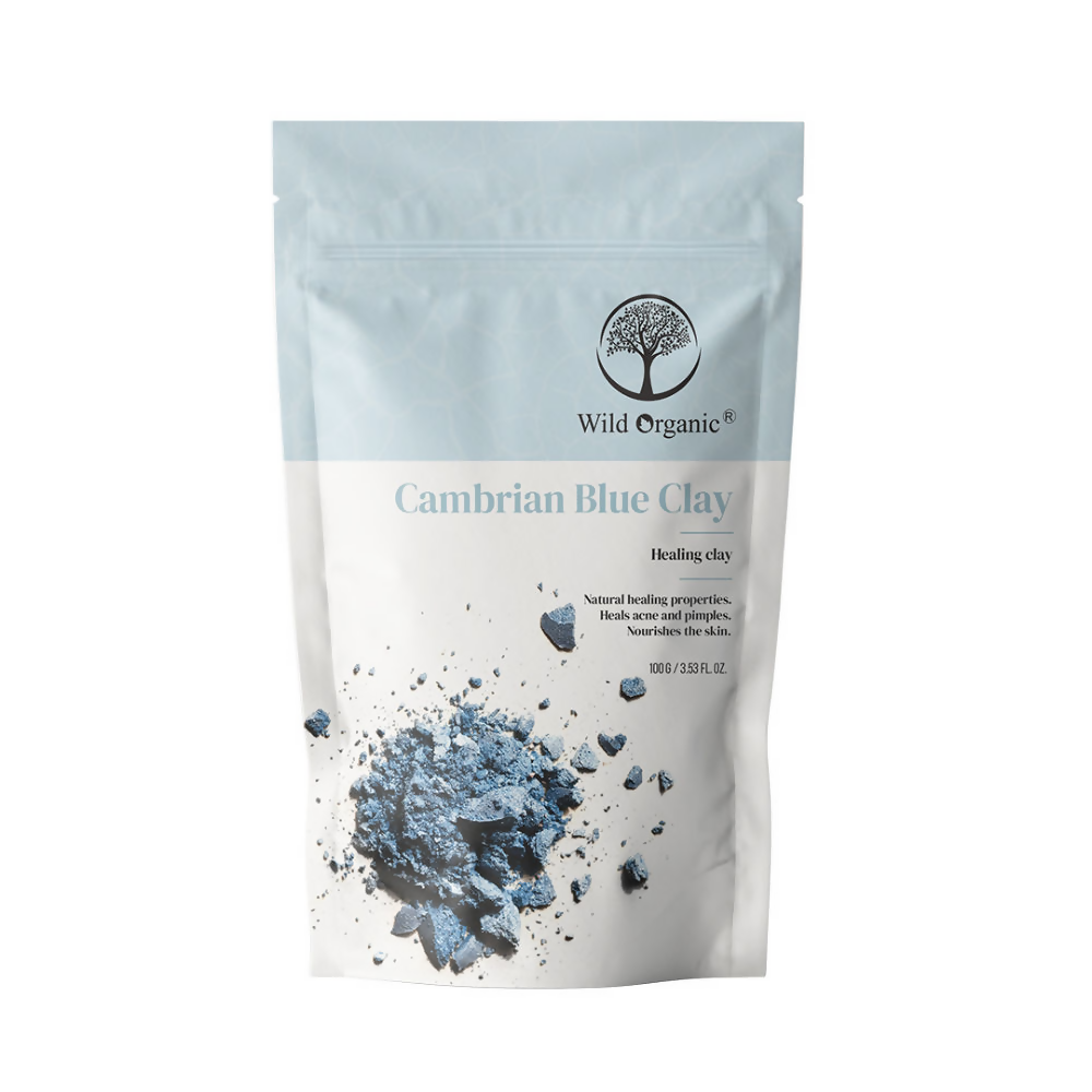 Wild Organic Cambrian Blue Healing Clay Powder for face masks, showing the natural blue powder in a container.