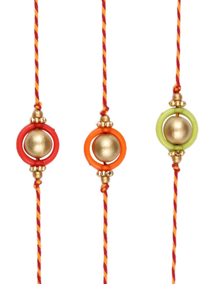 Anouk Gold Toned Set Of 3 Beaded Thread Rakhis With Roli Chawal & Greeting Card