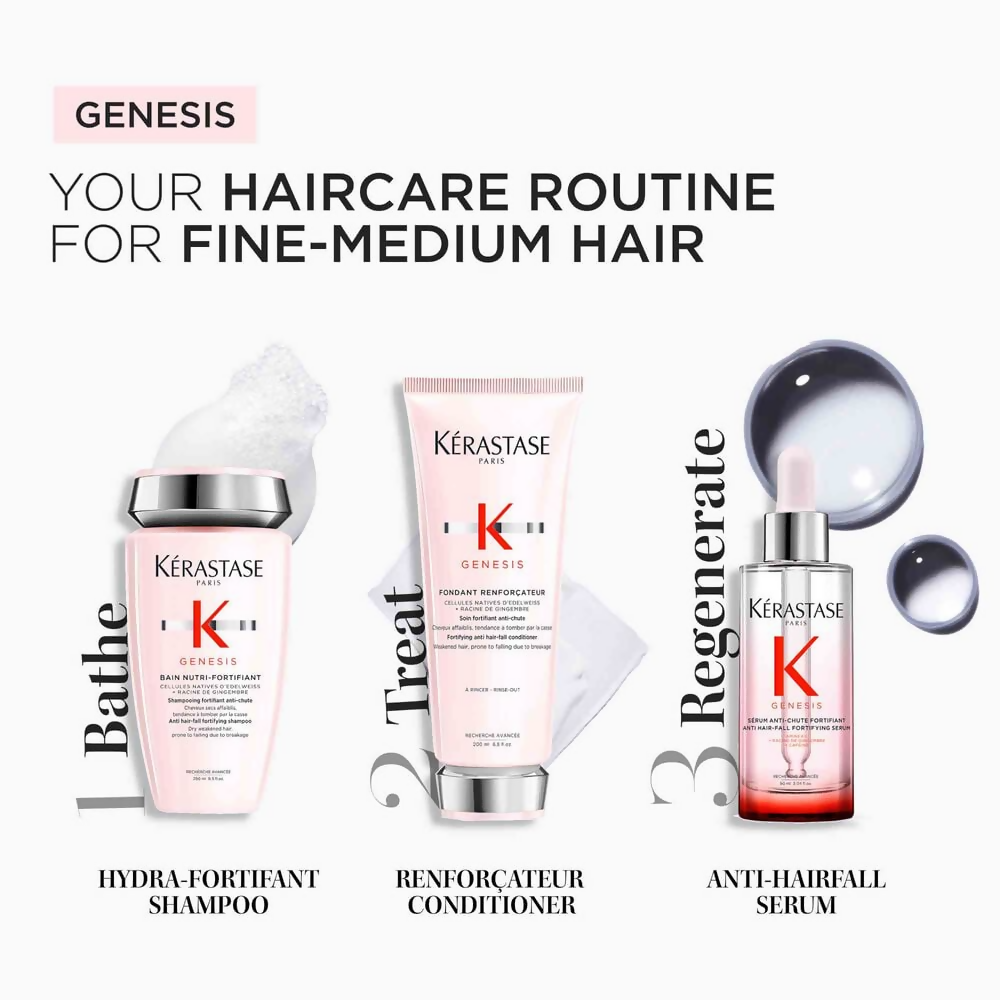 Kerastase Genesis Anti-Hair Loss Serum bottle with dropper, hair care product for thinning hair and scalp strengthening.