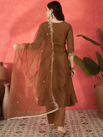 Dhiyona SN Women's Zari Sequence Printed Embroidered Straight Kurta & Trouser With Dupatta