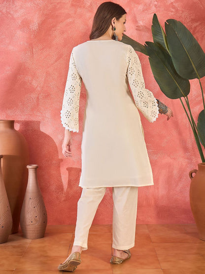 Dhiyona SN Women's Floral Schiffli Embroidered Thread Work Pure Cotton Straight Kurta & Trouser