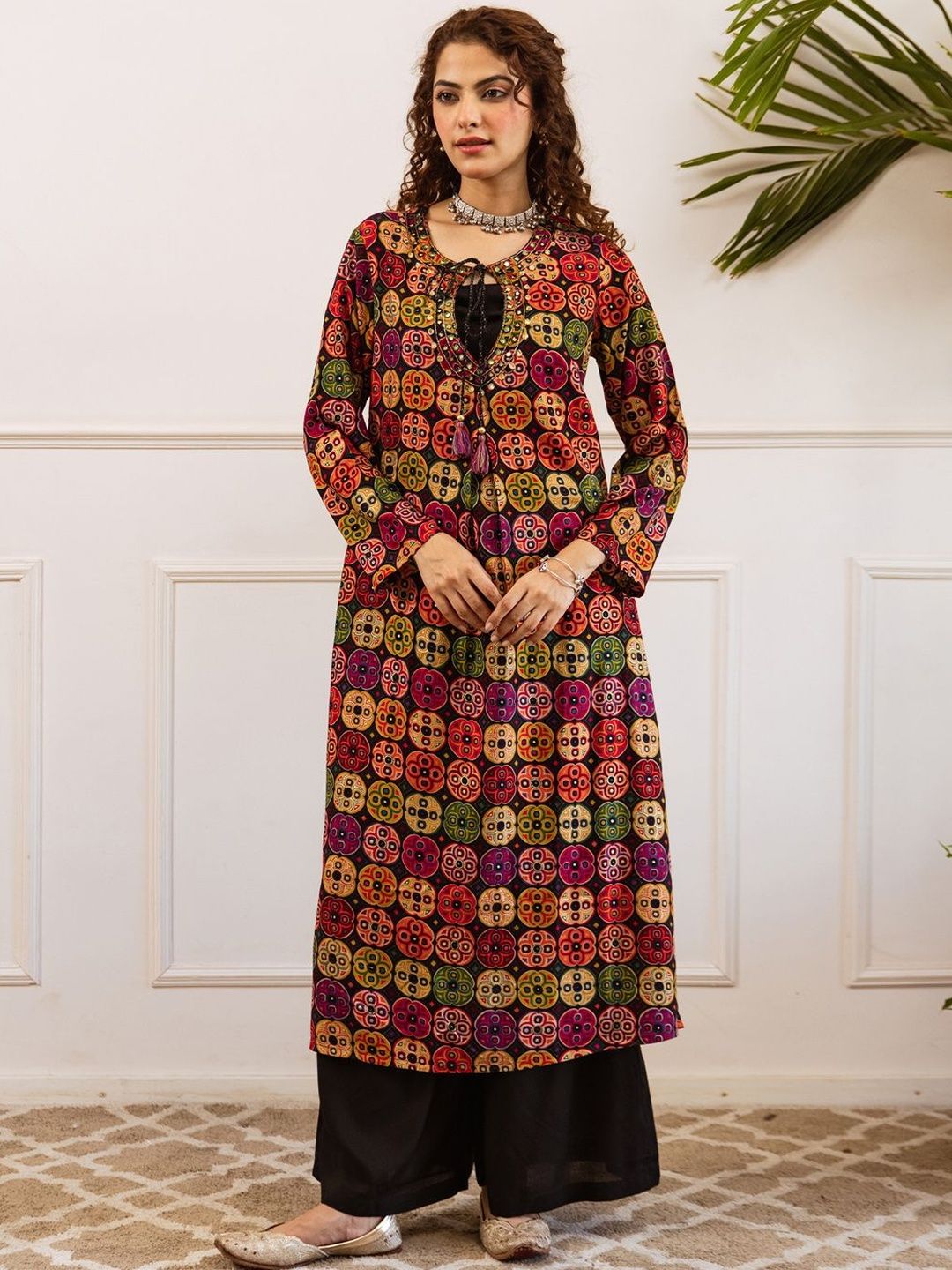 Women Printed Regular Beads and Stones Work Kurta with Palazzos