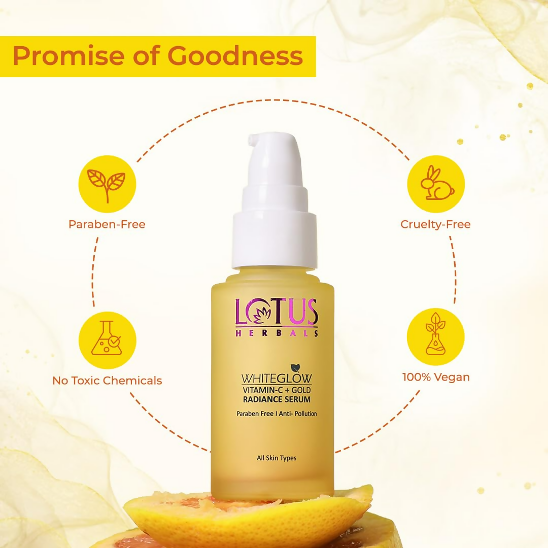 Lotus Herbals WhiteGlow Vitamin C and Gold Radiance face serum bottle with dropper for brightening and radiant skin.