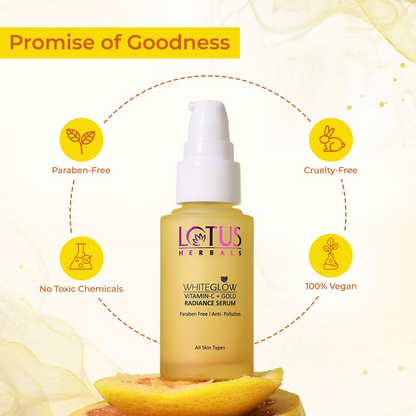 Lotus Herbals WhiteGlow Vitamin C and Gold Radiance face serum bottle with dropper for brightening and radiant skin.