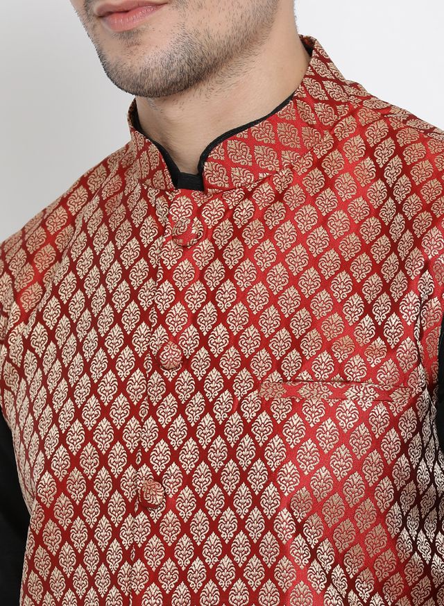 Men's Black Silk Blend Straight Jacket  Kurta and Pyjama Set