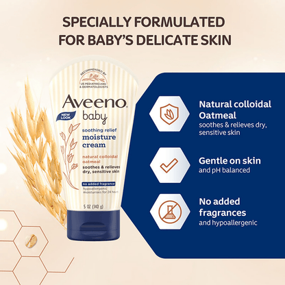 Aveeno Baby Soothing Relief Face & Body Moisture Cream with oatmeal for dry, sensitive baby skin, shown in a tube.
