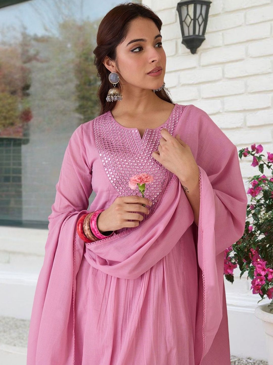 Women Embroidered Pleated Mirror Work Pure Cotton Kurta with Churidar & With Dupatta