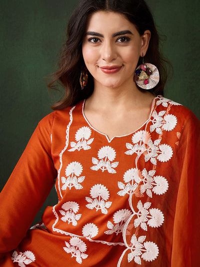 Indyancart SN Women's Embroidered Thread Work Notch Neck Straight Kurta & Trousers With Dupatta