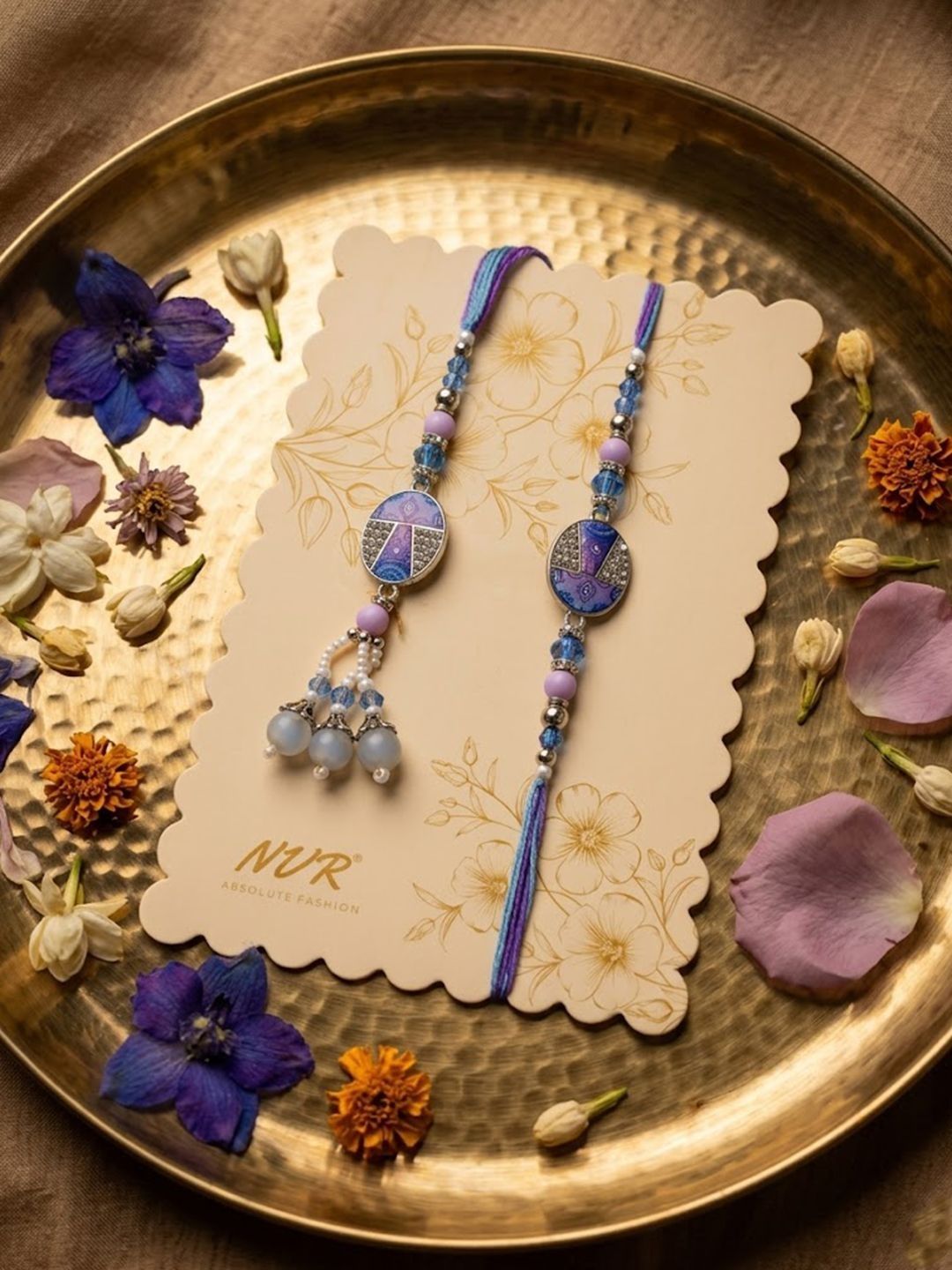 Anouk Set Of 2 Purple Artificial Beads Traditional Bhaiya Bhabhi Rakhi With Roli Chawal