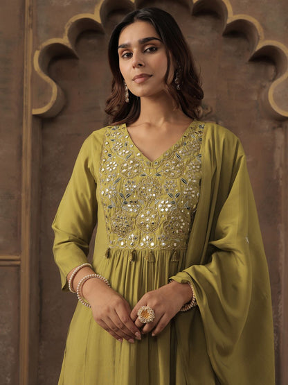 Women Ethnic Motifs Embroidered Pleated Mirror Work Kurta Set