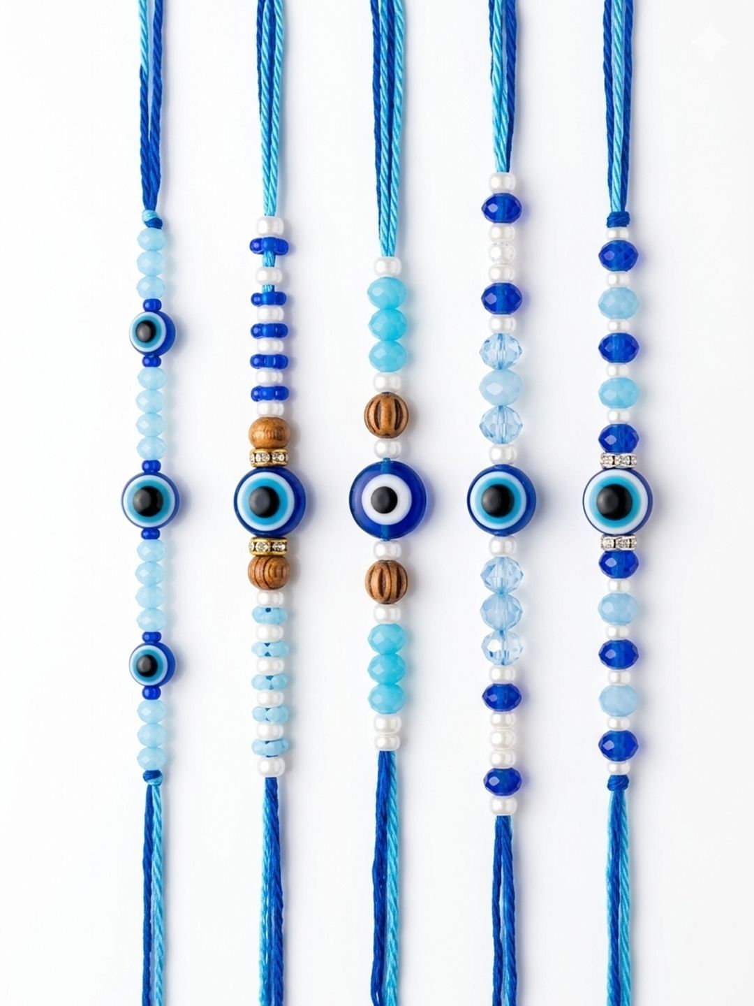 Anouk Set Of 5 Blue Evil Eye Thread Rakhi With Roli Chawal Chandan Mishri