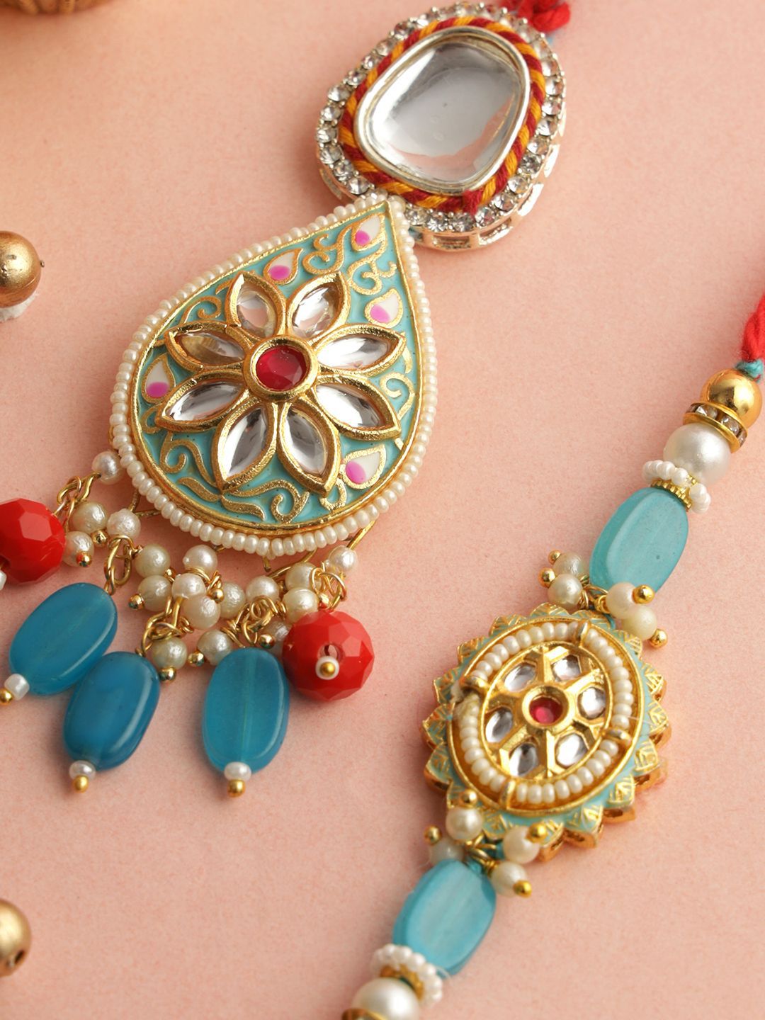 Anouk Bhaiya Bhabhi Kundan Studded Enameled Thread Rakhi With Roli Chawal & Greetings Card