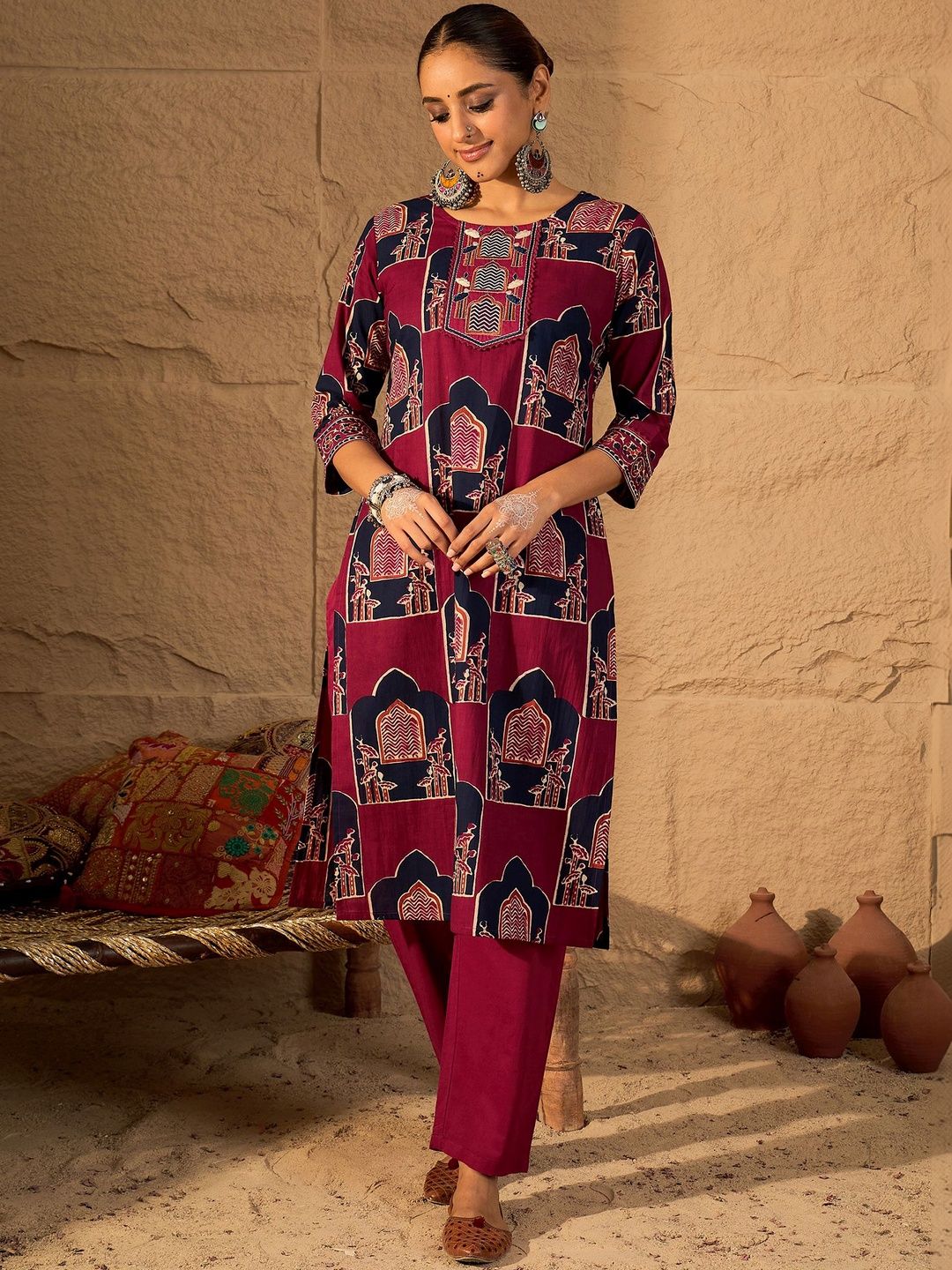 Women Ethnic Motifs Printed Regular Pure Cotton Kurta with Trousers & With Dupatta