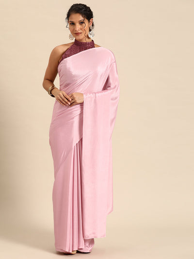 Indyancart GR Women's Sabhya Flesh Pink Satin Saree
