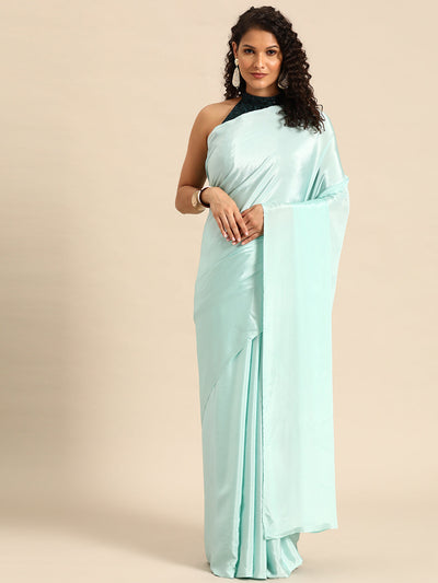 Indyancart GR Women's Sabhya Aqua Green Satin Saree