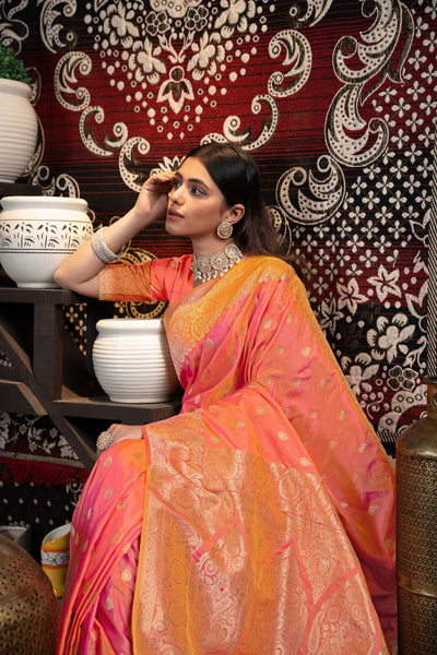 Indyancart GR Women's Saachi Silk Peach Banarasi Silk Woven Saree
