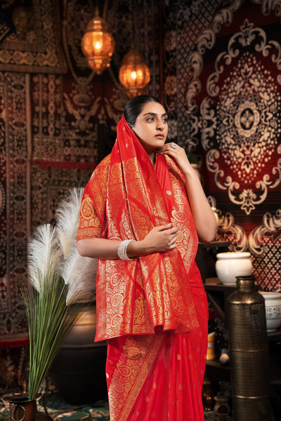 Indyancart GR Women's Saachi Silk Red Banarasi Silk Woven Saree